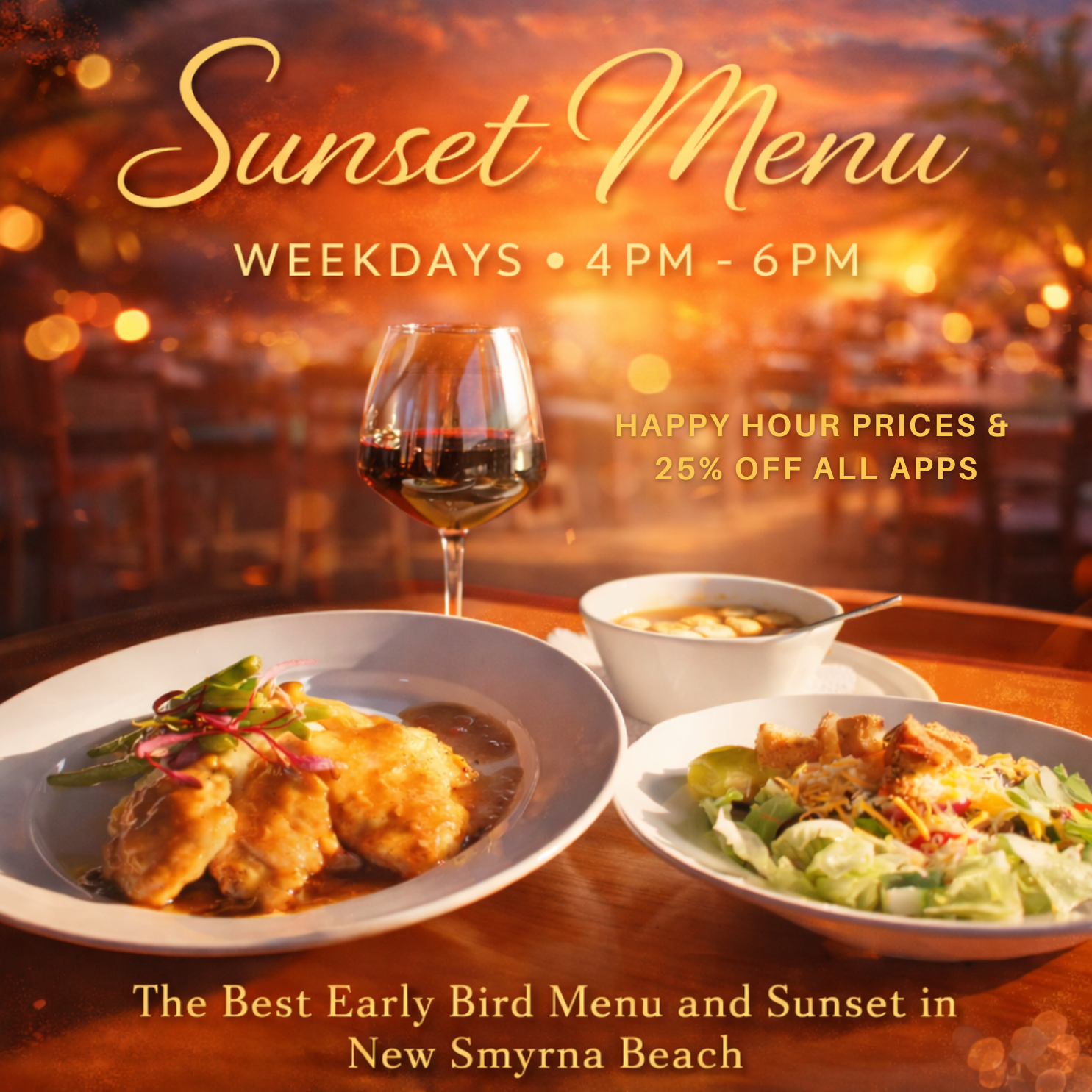 sunset menu promotion with a glass of wine and a dinner