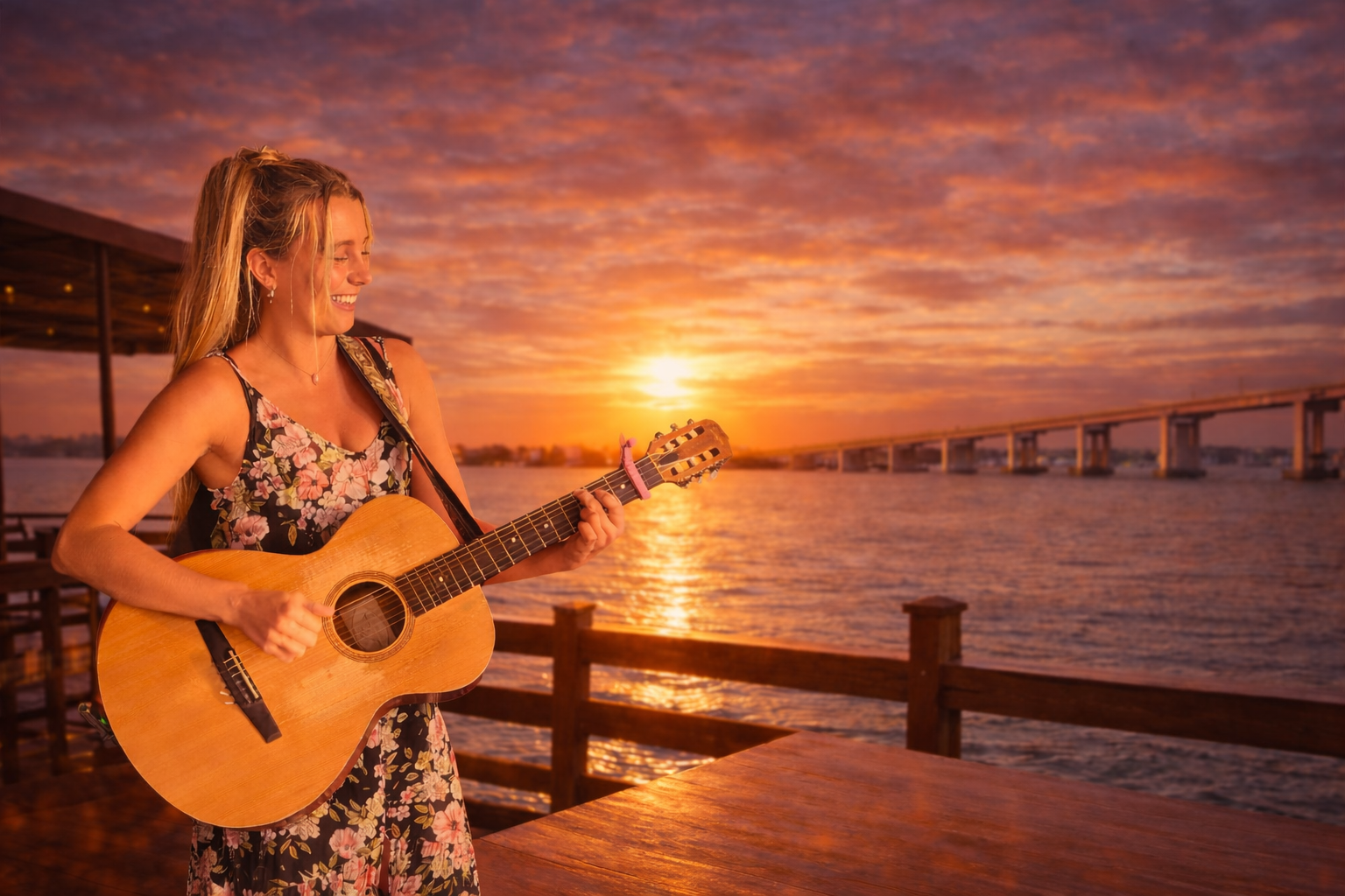 image of girl playing guitar as the sun sets over the river