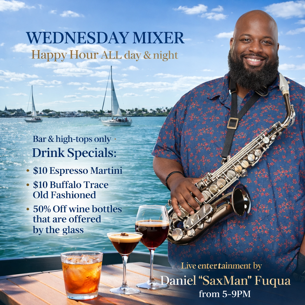 promotion flyer for wednesday night music image of man with sax, drinks on a table and water and sailboats in the back