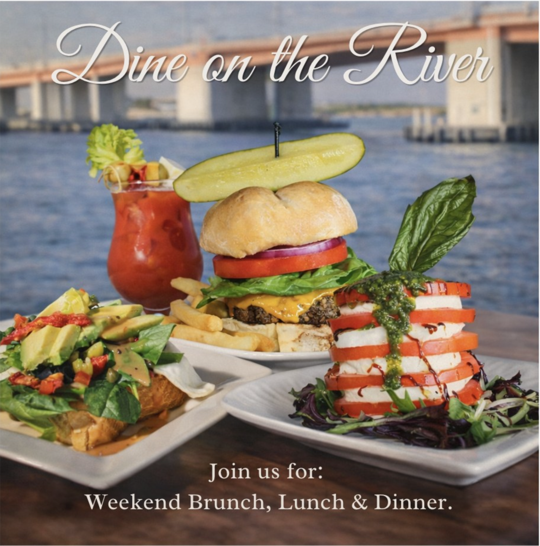dine on the river graphic with hamburger and appetizers