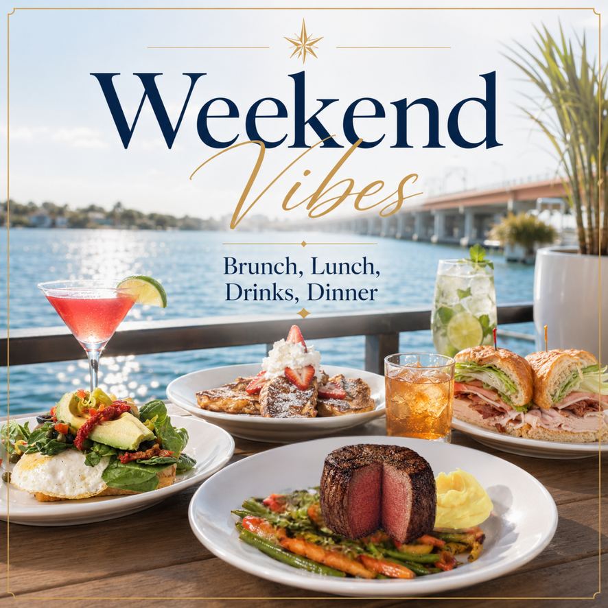 flyer that says weekend vibes and has a table full of food