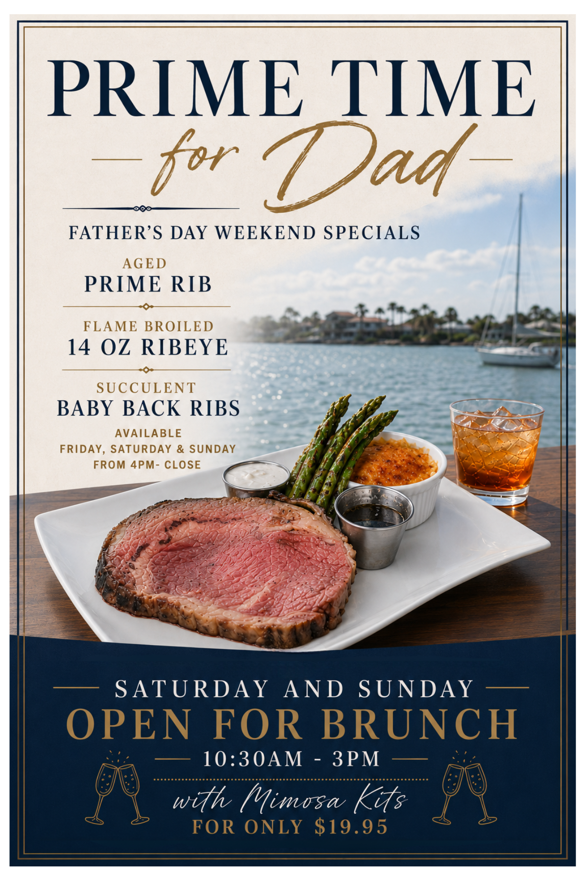 promotional flyer for father's day with prime rib and sailboat