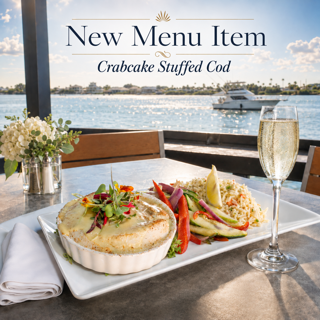 stuffed cod on a table with boat passing by on the river 