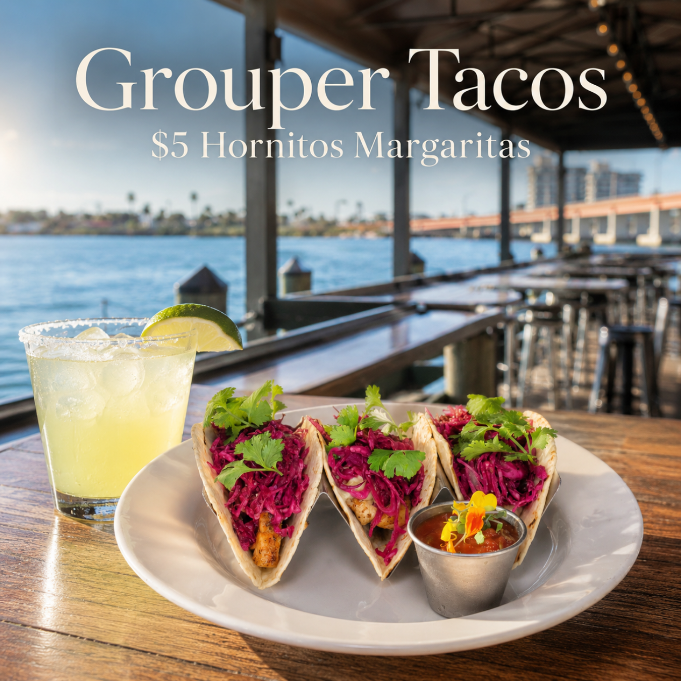 margarita and grouper tacos at a table with a river in the back